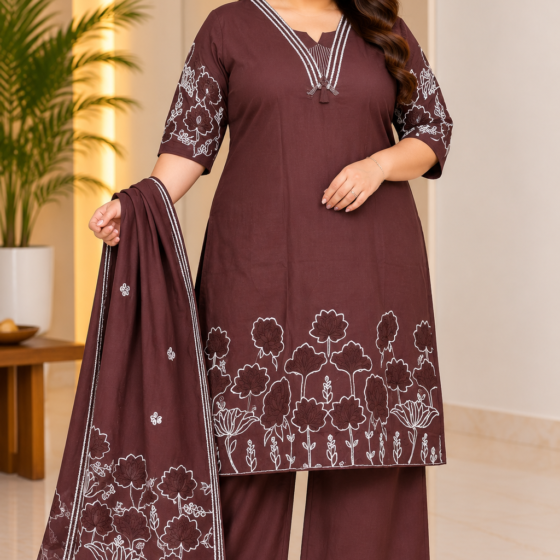 Plus size woman wearing Mahira mocha brown floral straight-cut kurti palazzo set with dupatta by Rinki Ethnics