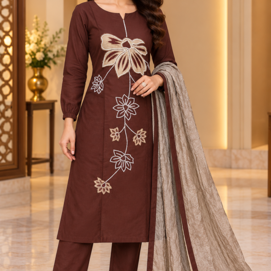 Kashvi Cocoa – Brown Party Wear Kurti Pant Set with Dupatta