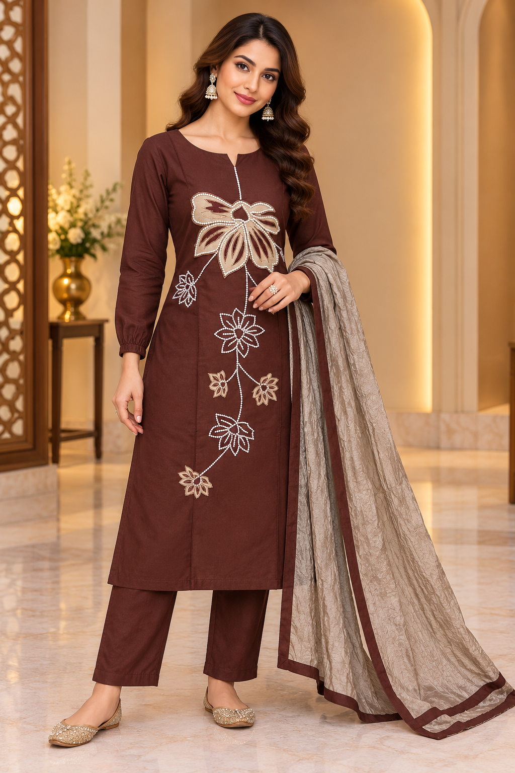 Kashvi Cocoa – Brown Party Wear Kurti Pant Set with Dupatta