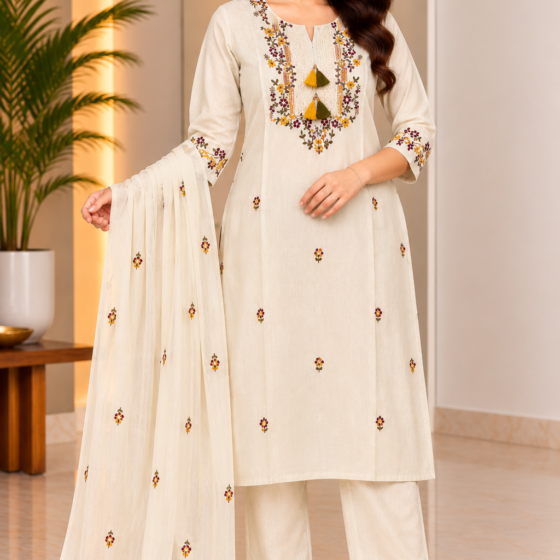 Ivory cream embroidered straight-cut kurti pant set with multicoloured floral neckline, matching pants and floral motif dupatta without border.