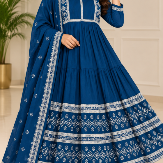 royal blue anarkali set, navy blue anarkali, bandhani anarkali suit, jaipuri cotton anarkali, 60.60 cotton anarkali, pintuck yoke anarkali, daaman border anarkali, festive anarkali pant set, M to 2XL anarkali, blue bandhej anarkali, printed anarkali dupatta set, vadodara ethnic wear