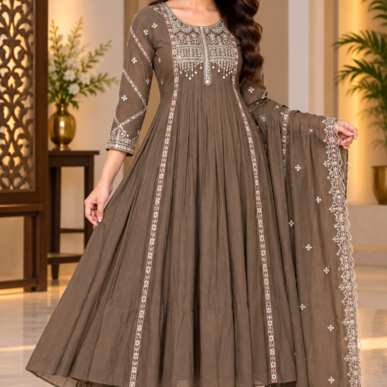 Naqsh Elegance – Taupe Brown Party Wear Anarkali Set with Dupatta