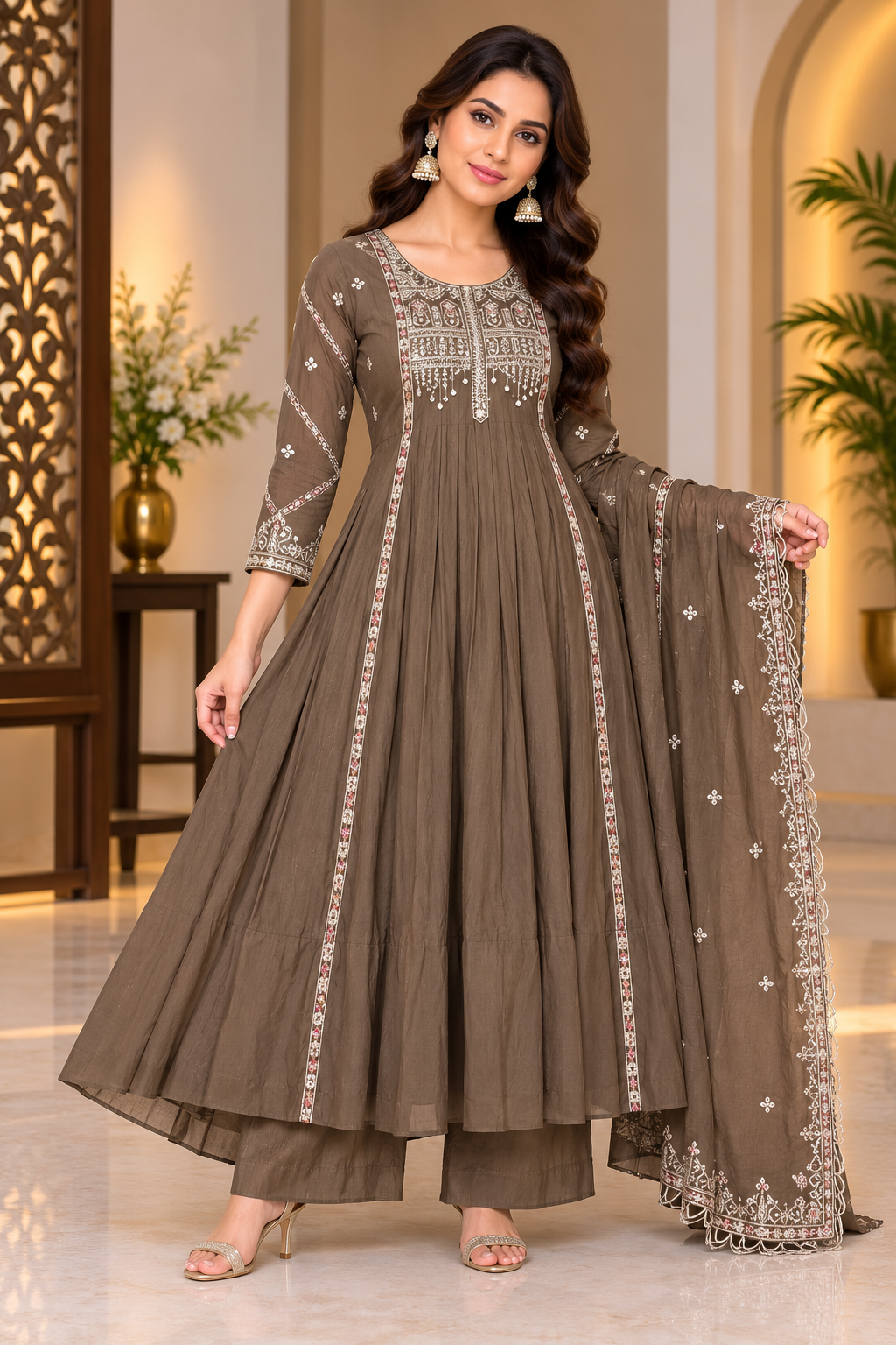 Naqsh Elegance – Taupe Brown Party Wear Anarkali Set with Dupatta