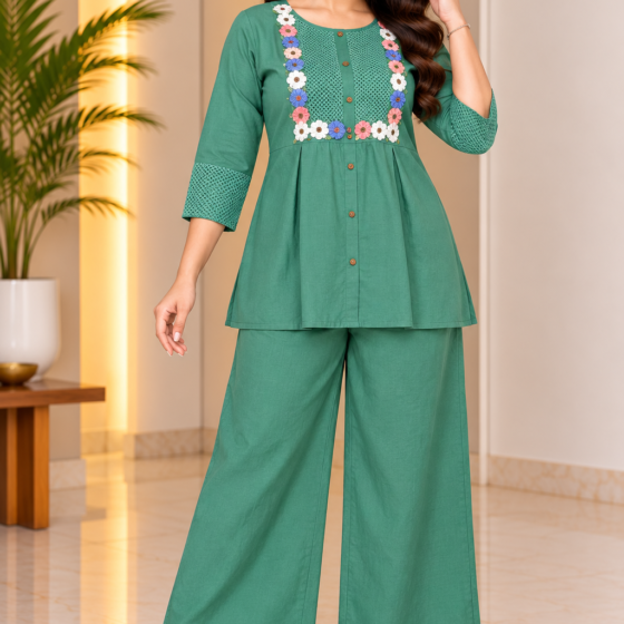 Woman wearing sage green short flared kurti and wide-leg palazzo co-ord set with multicoloured floral yoke detailing.