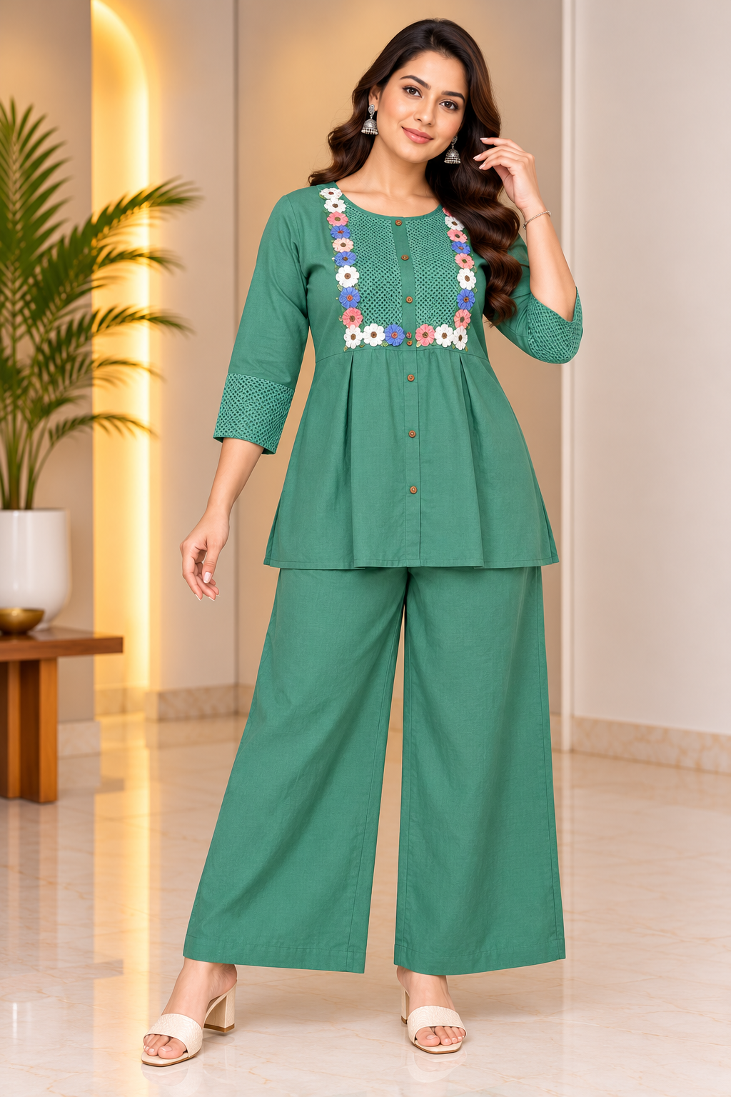 Woman wearing sage green short flared kurti and wide-leg palazzo co-ord set with multicoloured floral yoke detailing.