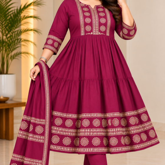Plus Size Magenta Tiered Anarkali Kurti Pant Set with Dupatta (3XL, 4XL, 5XL)