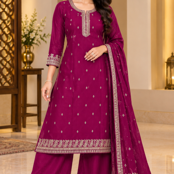 Gulnoor – Magenta Kurti Palazzo Set with Dupatta