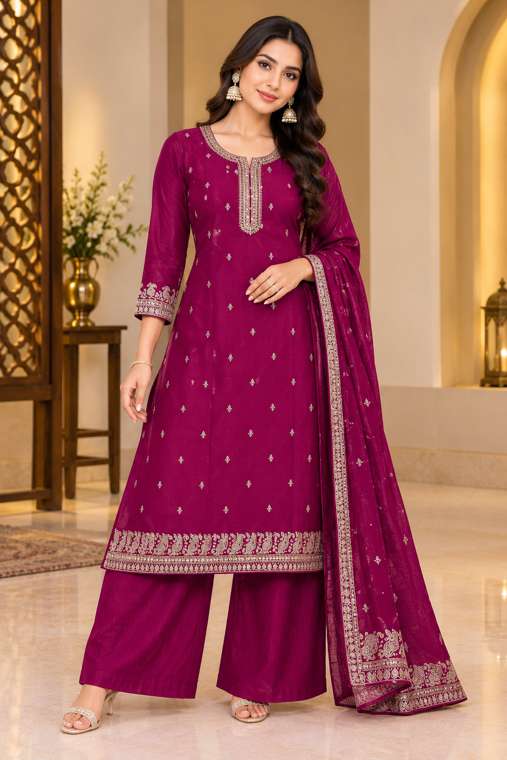 Gulnoor – Magenta Kurti Palazzo Set with Dupatta