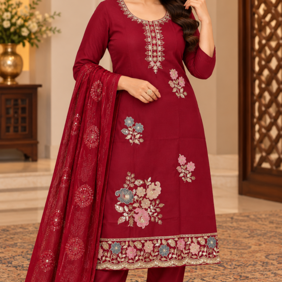 Ruhani Florals – Maroon Plus Size Party Wear Kurti Pant Set with Dupatta
