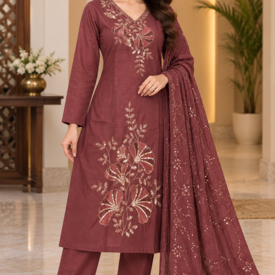 Mehr Blossom – Maroon Party Wear Kurti Pant Set with Dupatta