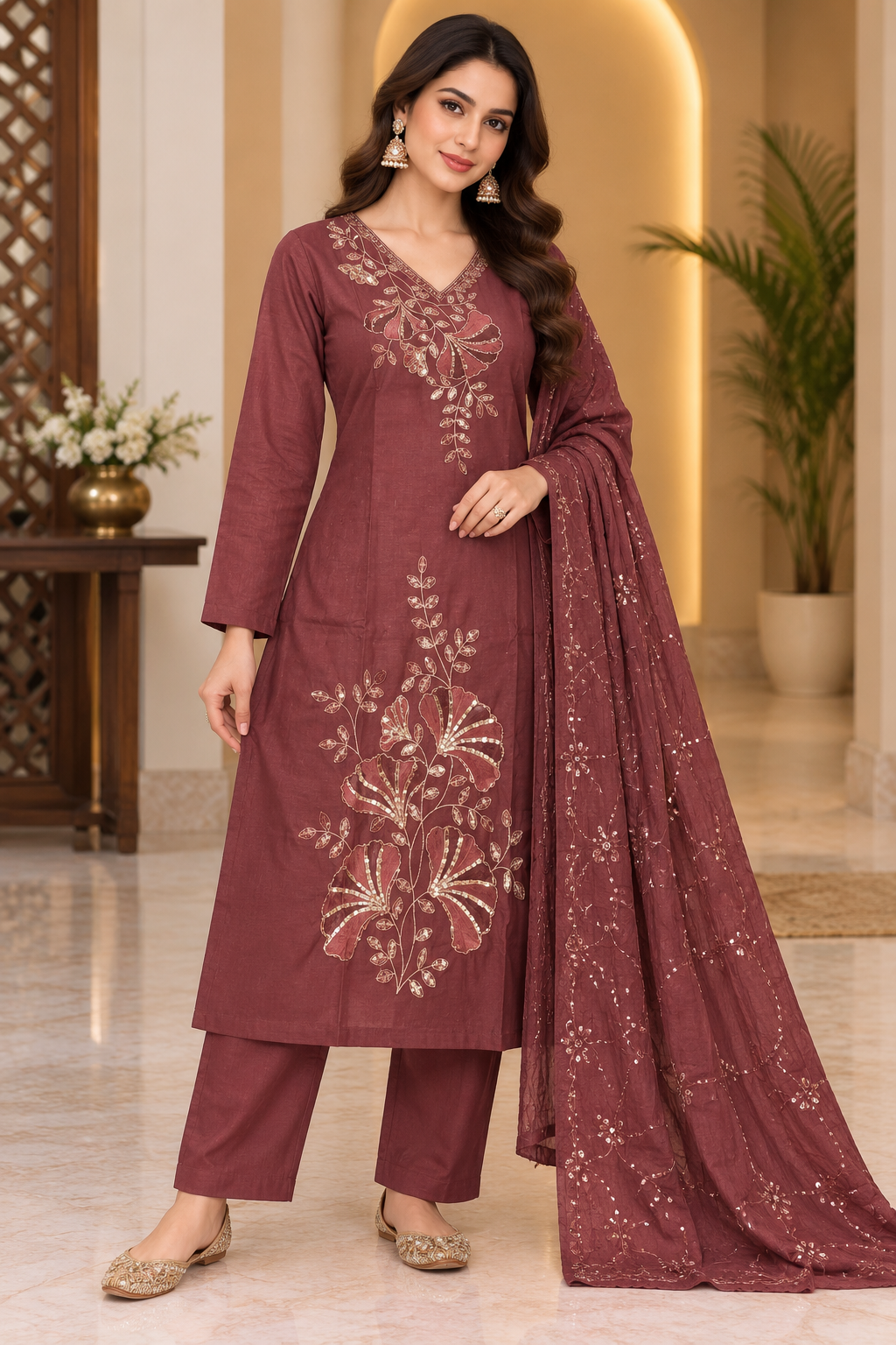 Mehr Blossom – Maroon Party Wear Kurti Pant Set with Dupatta