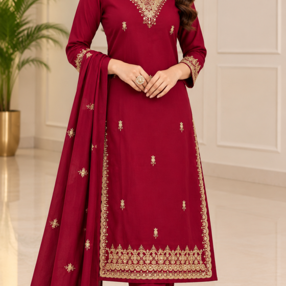 maroon kurti pant dupatta set, heavy embroidered kurti set, jaipuri cotton 60.60, gold zari work suit, karwa chauth outfit maroon, wedding guest kurti set, M to 2XL embroidered set, bridal festive wear, sequin work kurti, maroon salwar suit, vadodara boutique