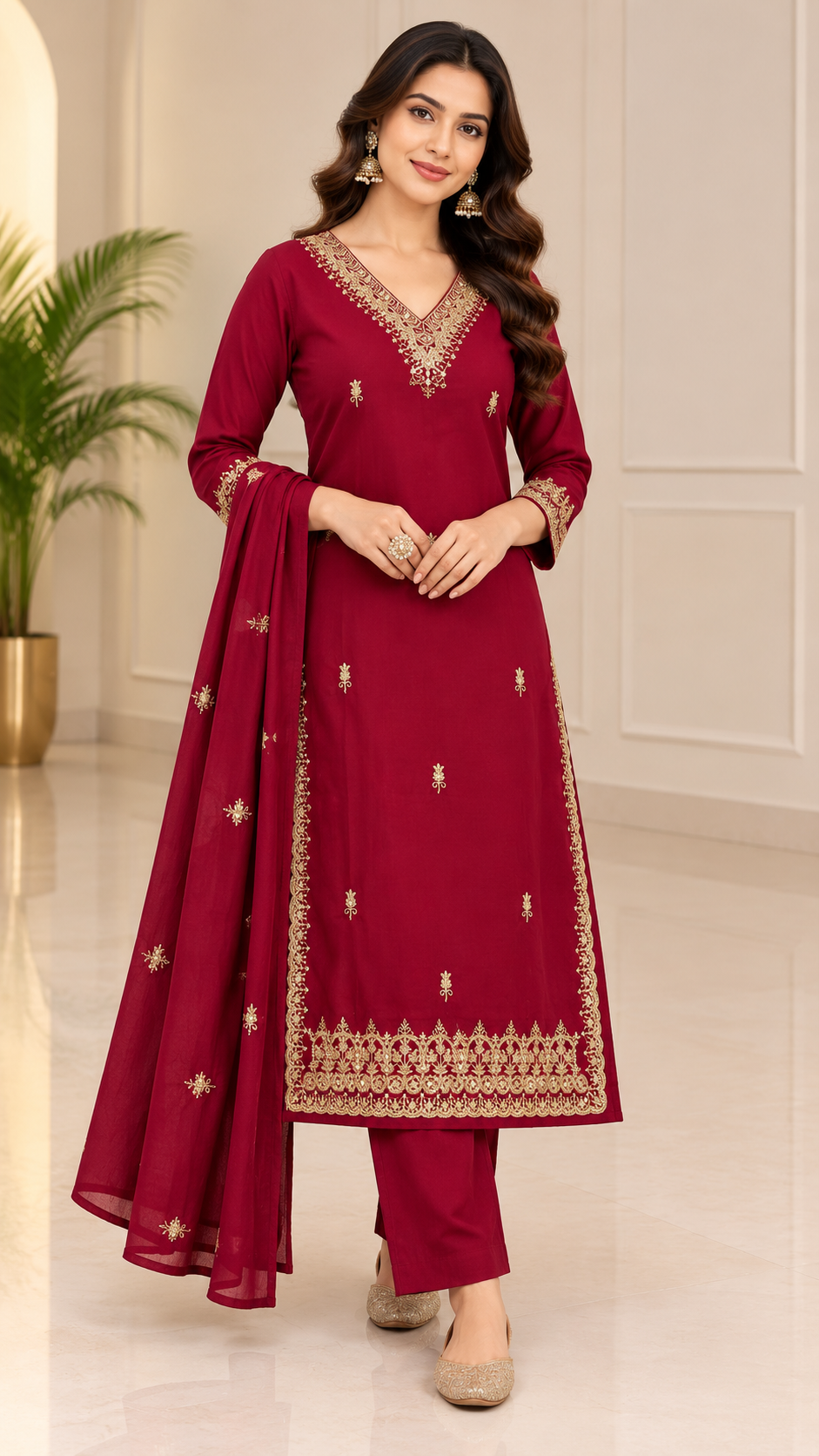 maroon kurti pant dupatta set, heavy embroidered kurti set, jaipuri cotton 60.60, gold zari work suit, karwa chauth outfit maroon, wedding guest kurti set, M to 2XL embroidered set, bridal festive wear, sequin work kurti, maroon salwar suit, vadodara boutique