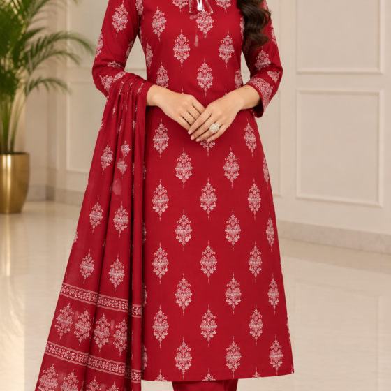 maroon kurti pant dupatta set, mughal butta print kurti, jaipuri cotton 60.60, wine red kurta set, daily festive wear, M to 2XL kurti set, office wear kurti, tie up tassel kurti, all over print suit, maroon salwar suit, vadodara boutique