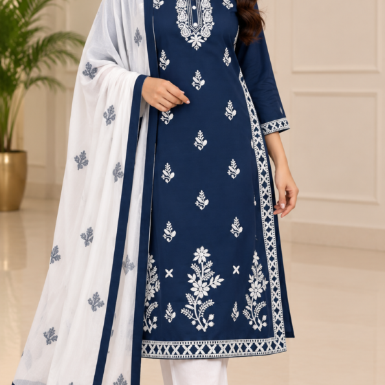 Navy Blue Straight Cut Embroidered Kurti Pant Dupatta Set - Jaipuri Cotton 60.60 - White Thread Work