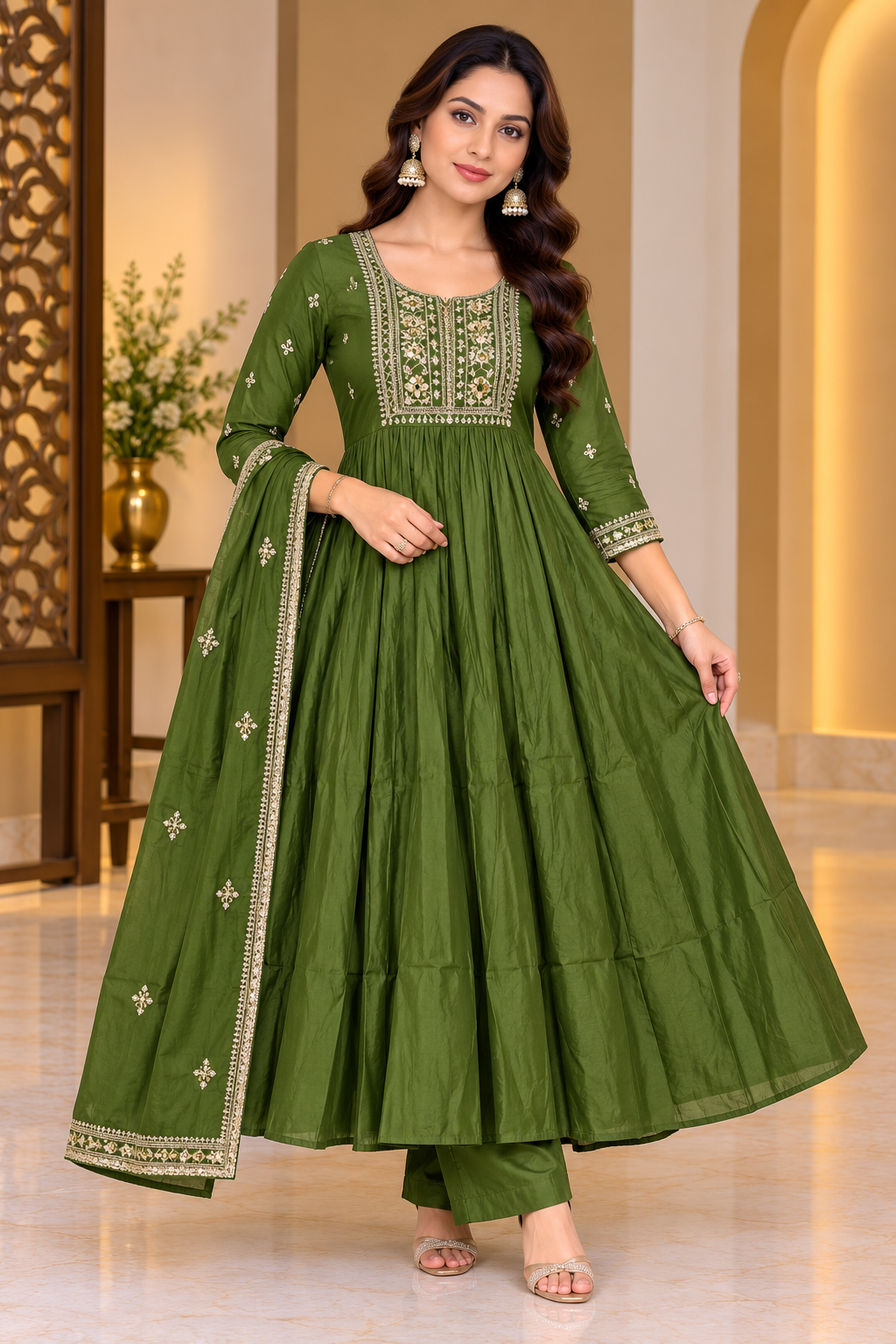 Aabha Royale – Olive Green Party Wear Anarkali Set with Dupatta