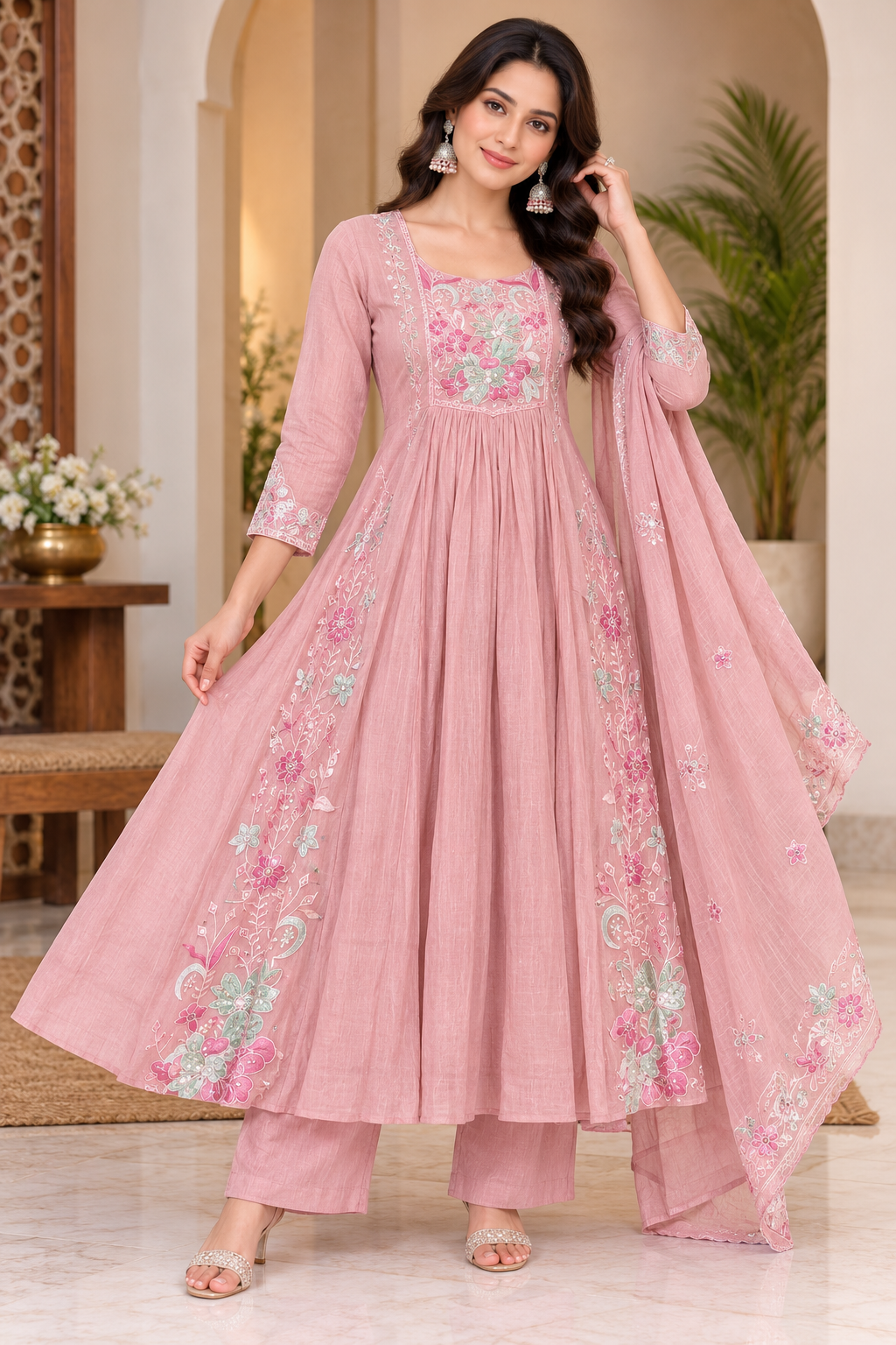 Zehra Bloom – Mint Green Party Wear Anarkali Set with Dupatta