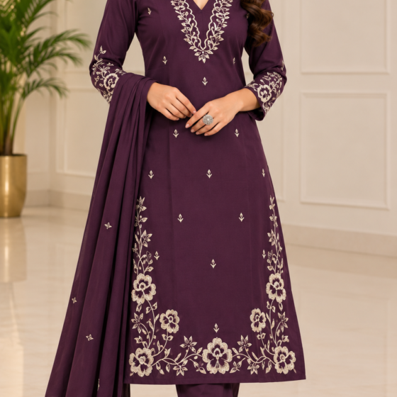 plum kurti set, wine colour kurti pant set, embroidered straight cut kurti, jaipuri cotton 60.60 suit, white embroidery kurti, office wear kurti pant dupatta, festive office wear, M to 2XL embroidered suit, plum purple salwar suit, designer kurti set, vadodara boutique