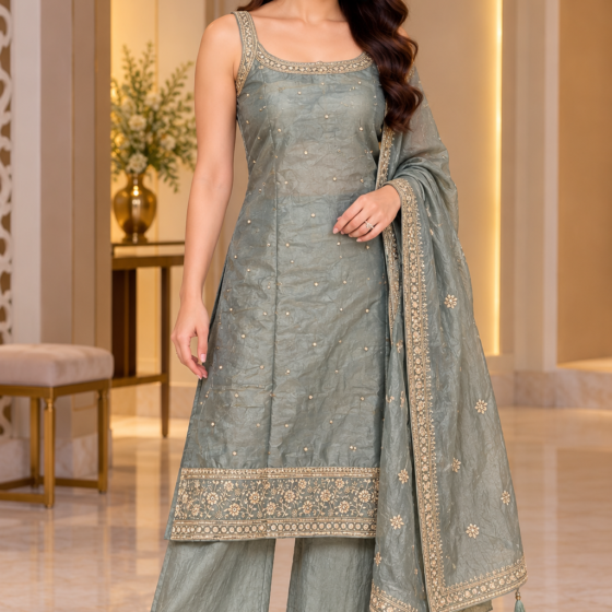Suhana Sage – Sage Green Party Wear Kurti Pant Set with Dupatta