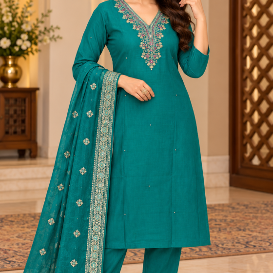 Firoza Charm – Teal Party Wear Kurti Pant Set with Dupatta