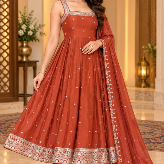 Aarohi Glow – Terracotta Party Wear Anarkali Set with Dupatta