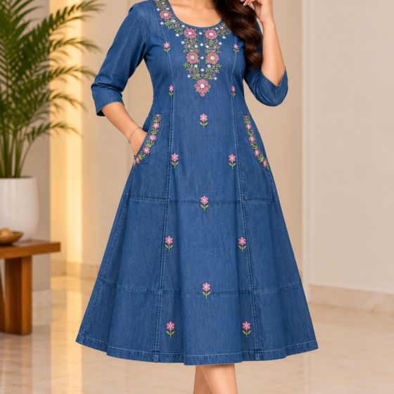 Woman wearing blue A-line denim dress featuring pink and green floral embroidery, round neckline, three-quarter sleeves and embroidered side pockets.