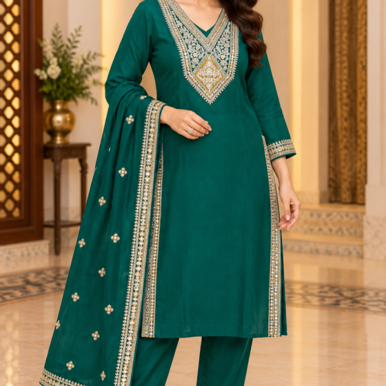 Zarveen – Emerald Green Party Wear Kurti Pant Set with Dupatta