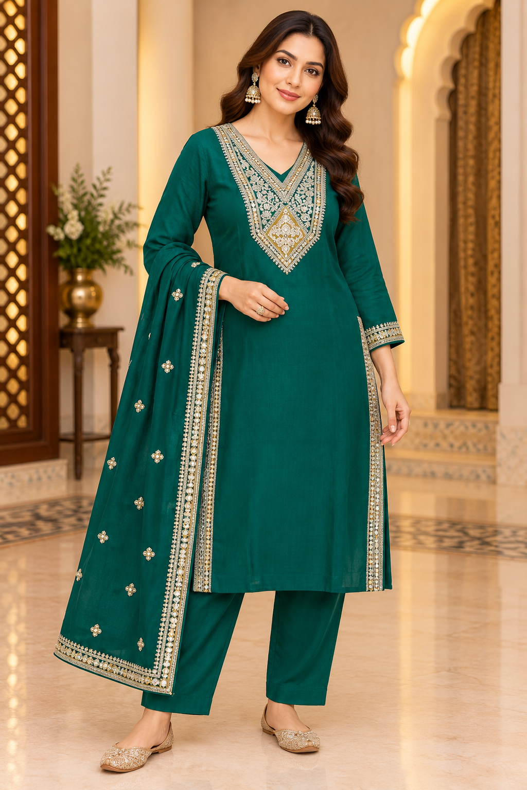 Zarveen – Emerald Green Party Wear Kurti Pant Set with Dupatta