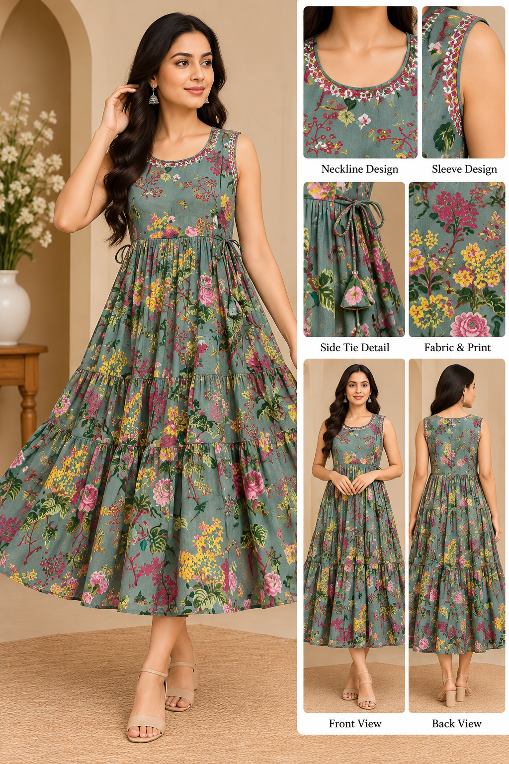 Sage Green Floral Tiered Anarkali Dress - Jaipuri Cotton 60.60 - Sleeveless 3-Tier Flare Dress with Side Dori - M to 2XL