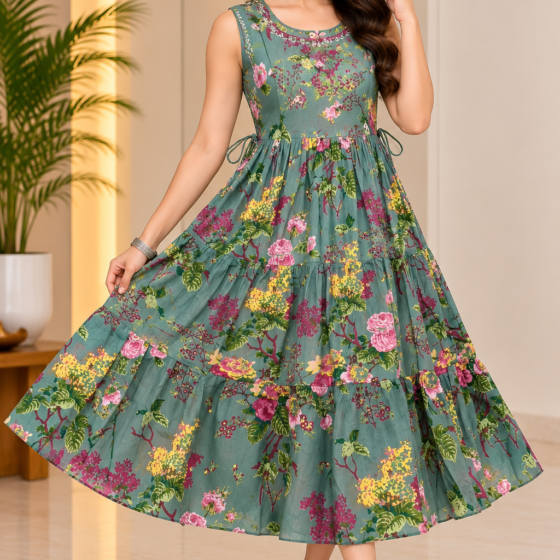 Sage Green Floral Tiered Anarkali Dress - Jaipuri Cotton 60.60 - Sleeveless 3-Tier Flare Dress with Side Dori - M to 2XL