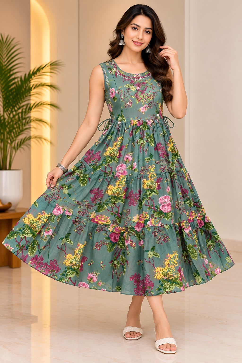 Sage Green Floral Tiered Anarkali Dress - Jaipuri Cotton 60.60 - Sleeveless 3-Tier Flare Dress with Side Dori - M to 2XL