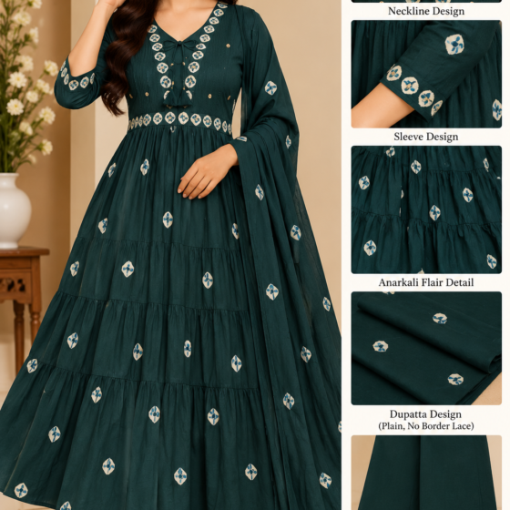 forest green anarkali set, bottle green anarkali, butta print anarkali, jaipuri cotton anarkali, 60.60 cotton suit, tie up tassel anarkali, tiered flare anarkali, festive anarkali pant set, M to 2XL anarkali, mehendi outfit, green anarkali dupatta set, vadodara ethnic wear