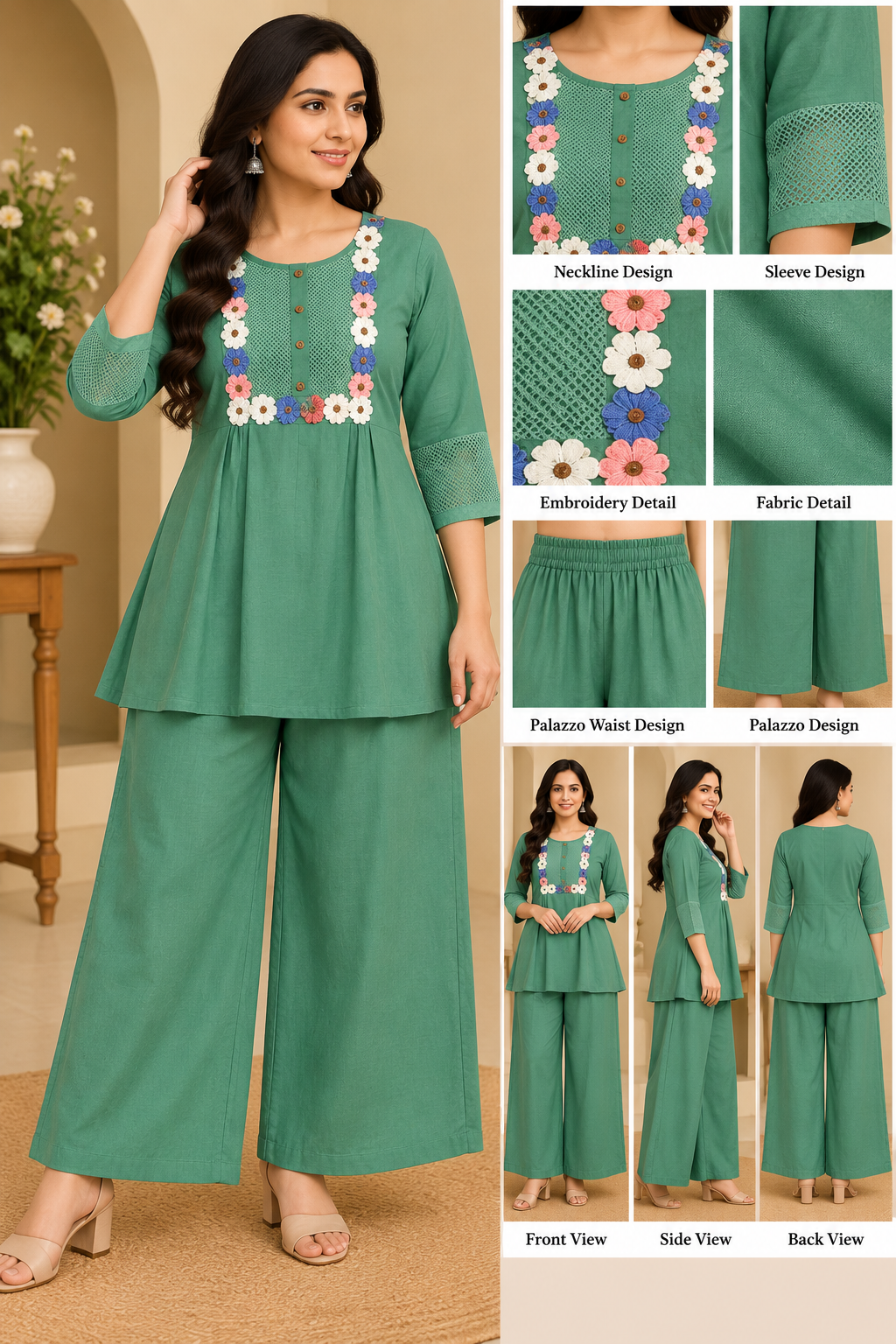 Woman wearing sage green short flared kurti and wide-leg palazzo co-ord set with multicoloured floral yoke detailing.