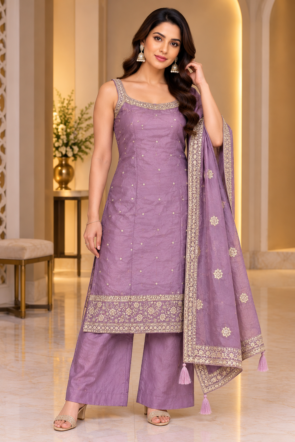 Lavanya Mist – Lavender Party Wear Kurti Pant Set with Dupatta