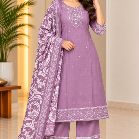 Lavender purple straight-cut kurti palazzo set with printed dupatta for women – Rinki Ethnics Aavya Collection
