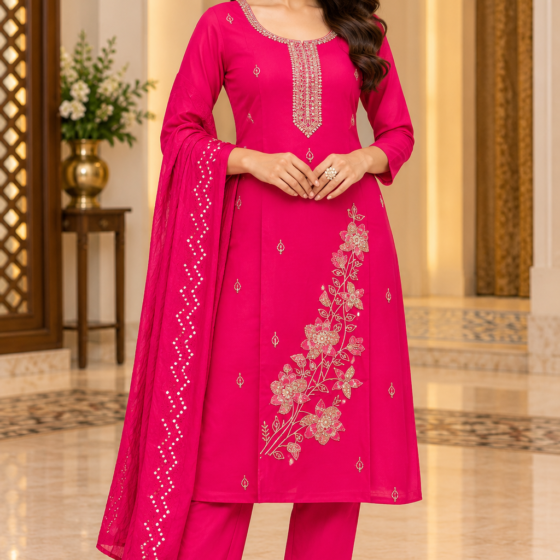 Phooltara – Magenta Party Wear Kurti Pant Set with Dupatta