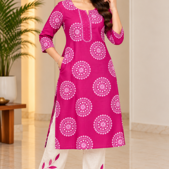 Women’s rani pink straight-cut kurti with white mandala prints and off-white linen pants with pink leaf motifs