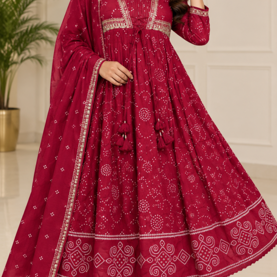 Maroon Bandhani Print Anarkali Kurti Pant Dupatta Set | Jaipuri Cotton 60.60