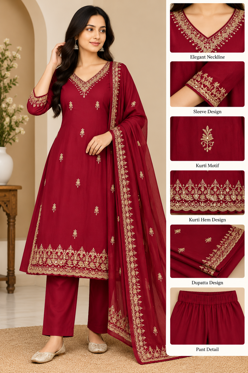 maroon kurti pant dupatta set, heavy embroidered kurti set, jaipuri cotton 60.60, gold zari work suit, karwa chauth outfit maroon, wedding guest kurti set, M to 2XL embroidered set, bridal festive wear, sequin work kurti, maroon salwar suit, vadodara boutique