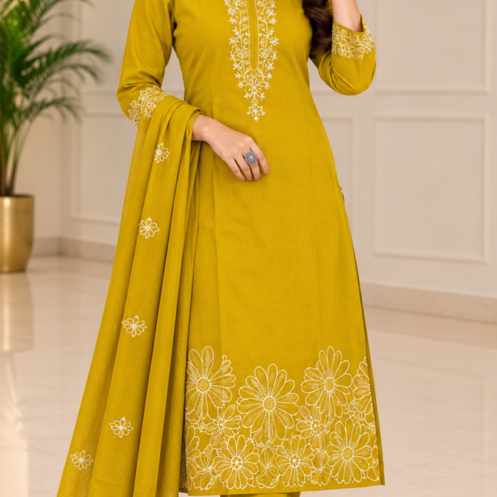 mustard yellow kurti set, haldi outfit, daisy embroidery kurti, jaipuri cotton 60.60, white embroidery suit, straight cut kurti pant dupatta, M to 2XL kurti set, festive office wear, mustard embroidered suit, heavy hem kurti set, vadodara ethnic wear