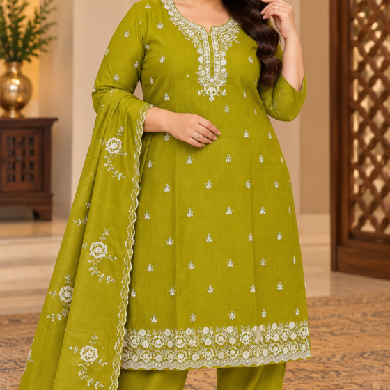 Hina Blossom – Olive Green Plus Size Party Wear Kurti Pant Set with Dupatta