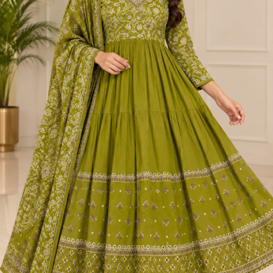 Olive Green Printed Anarkali Kurti Pant Dupatta Set - Jaipuri Cotton 60.60 - Tiered Flare Festive Wear