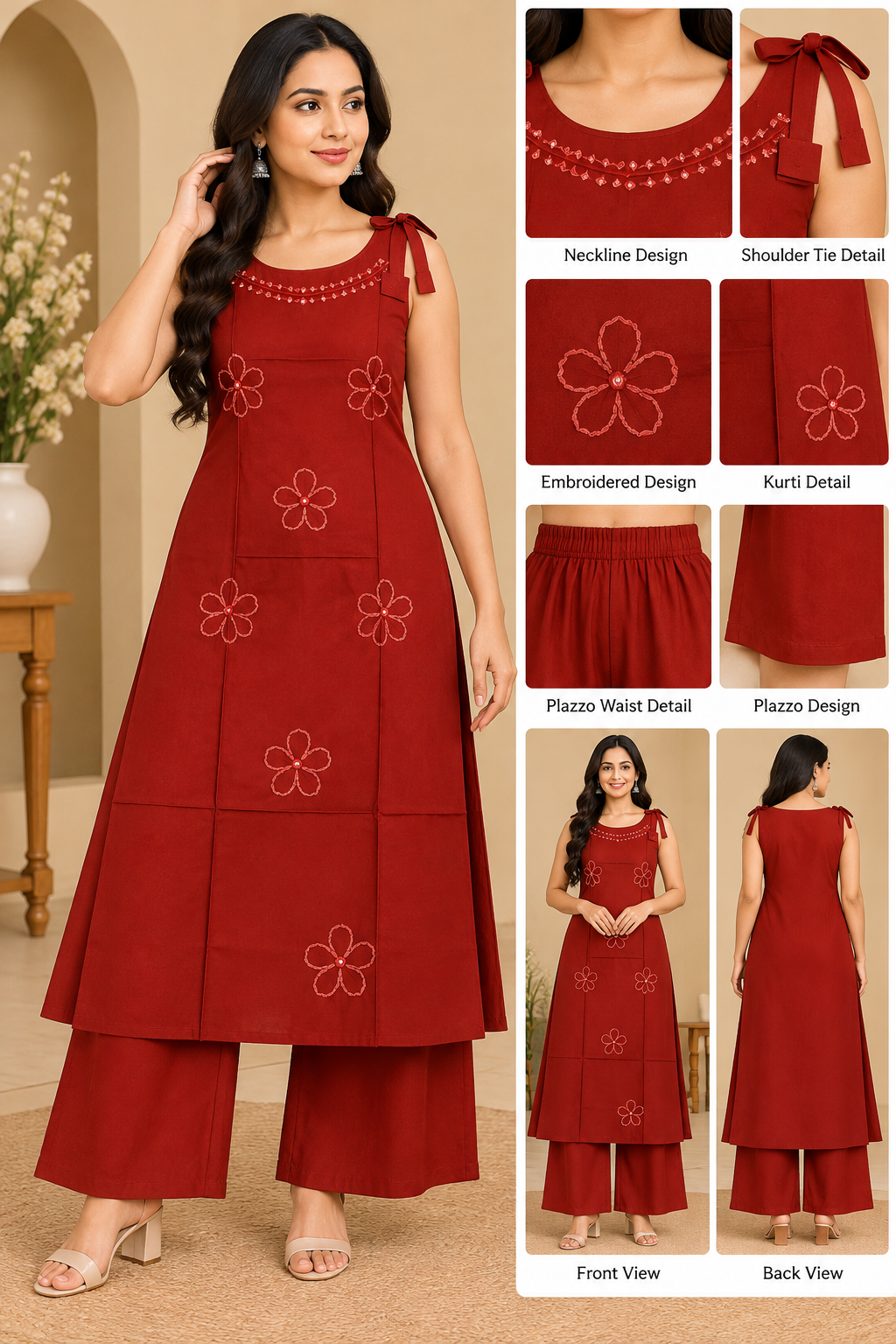 Terracotta rust-red sleeveless kurti with floral embroidery, decorative shoulder ties and matching palazzo pants for women.