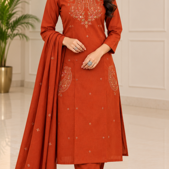 rust kurti set, terracotta embroidered suit, paisley embroidery kurti, jaipuri cotton 60.60, zari work kurti pant set, karwa chauth outfit, M to 2XL kurti set, festive office wear, rust orange salwar suit, sequin work kurti, vadodara ethnic wear