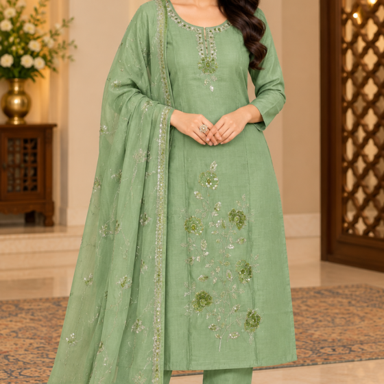 Saira Bloom – Sage Green Party Wear Kurti Pant Set with Dupatta