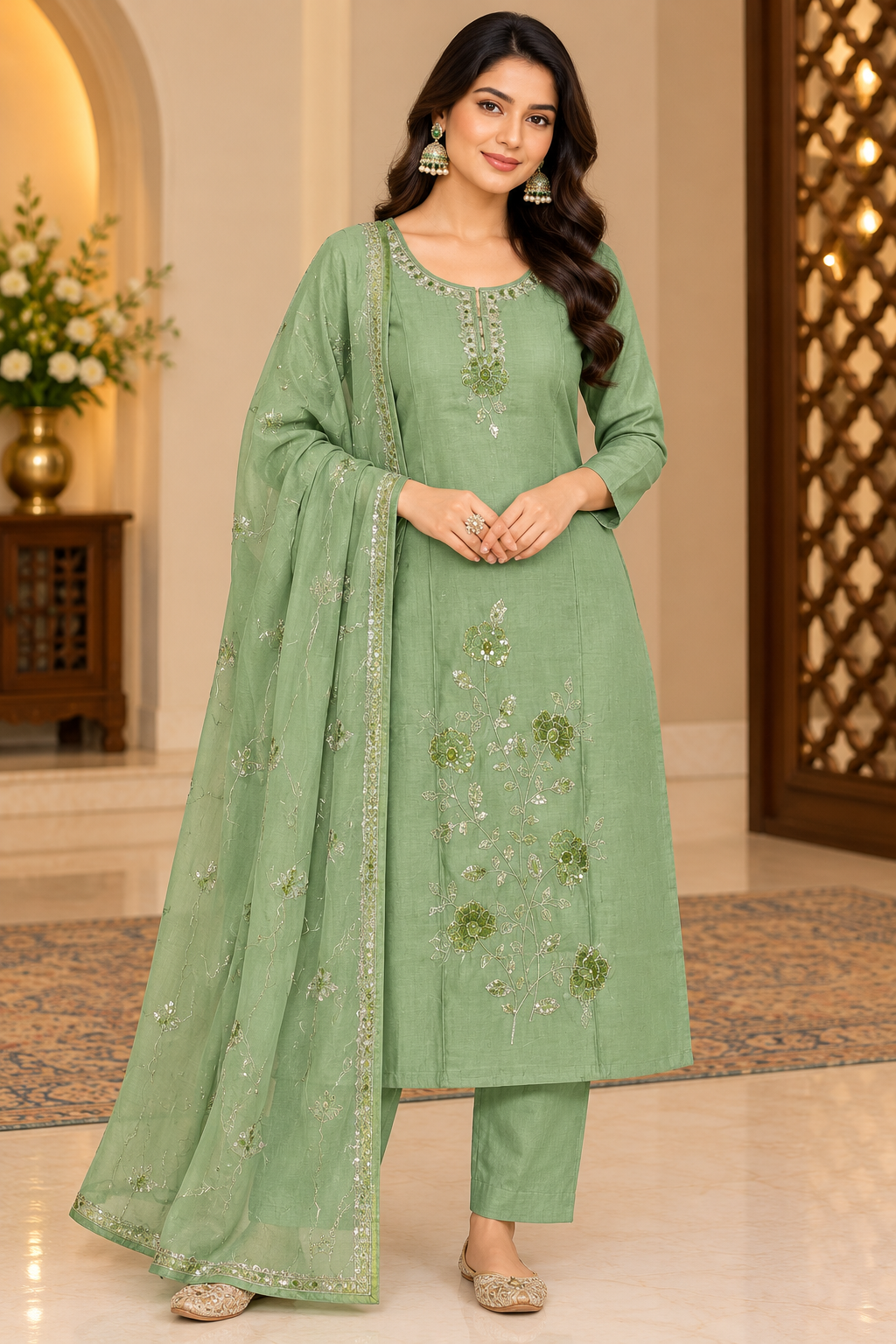 Saira Bloom – Sage Green Party Wear Kurti Pant Set with Dupatta