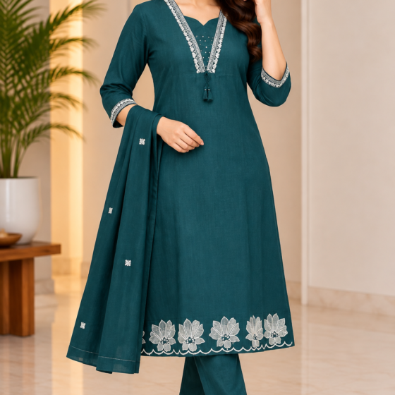 Deep teal green straight-cut kurti pant dupatta set with white floral embroidery for women – Rinki Ethnics