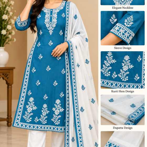 Teal Blue Straight Cut Embroidered Kurti Pant Dupatta Set - Jaipuri Cotton 60.60 - White Thread Work