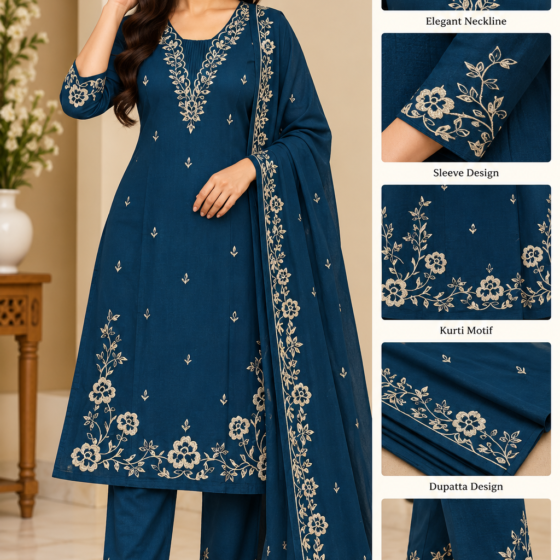 teal blue kurti set, peacock blue embroidered suit, jaipuri cotton 60.60, white embroidery kurti, straight cut kurti pant dupatta, M to 2XL embroidered set, office wear festive kurti, teal embroidered pant set, designer kurti set, vadodara boutique
