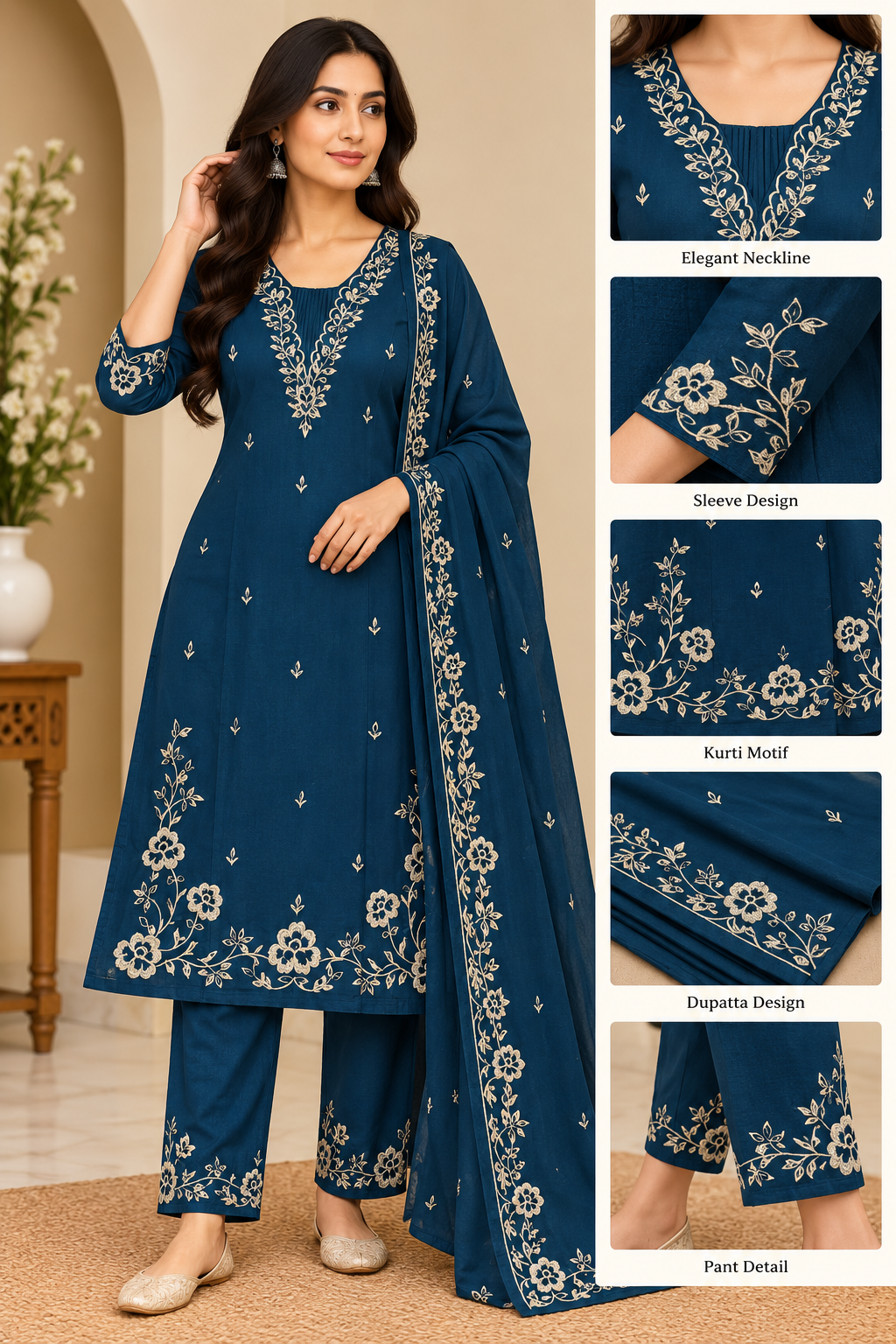 teal blue kurti set, peacock blue embroidered suit, jaipuri cotton 60.60, white embroidery kurti, straight cut kurti pant dupatta, M to 2XL embroidered set, office wear festive kurti, teal embroidered pant set, designer kurti set, vadodara boutique
